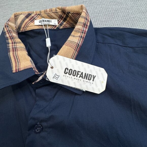 Coofandy Mens Size XXL Shirt Navy Blue Tan Plaid Trim Button-Up Long Sleeve NWT - Picture 6 of 13